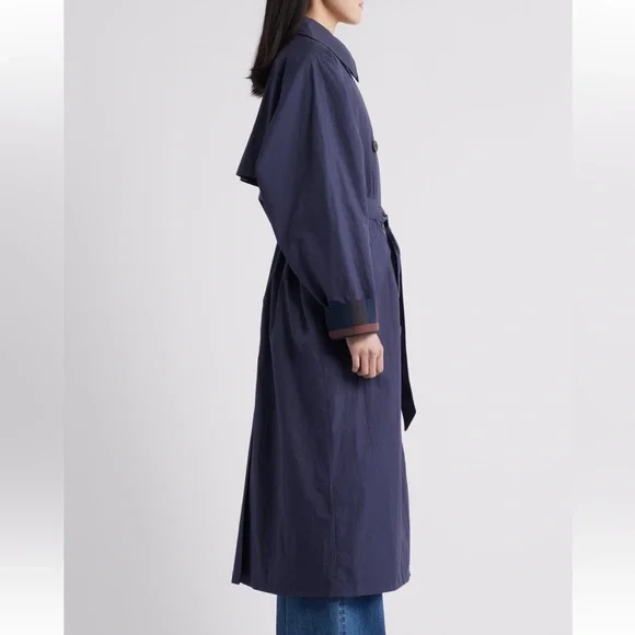 $220 NWT BERNARDO Longline Belted Rain Trench Coat jacket Navy Blue Plaid XL - Picture 3 of 5